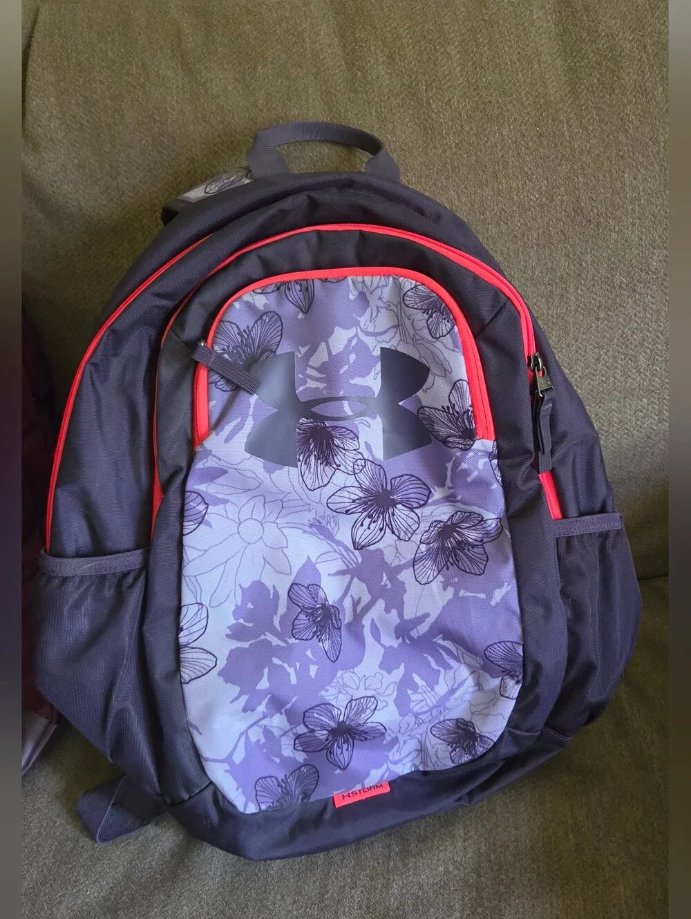 Under Armour Gray and Purple Floral Backpack with Coral Trim Preloved